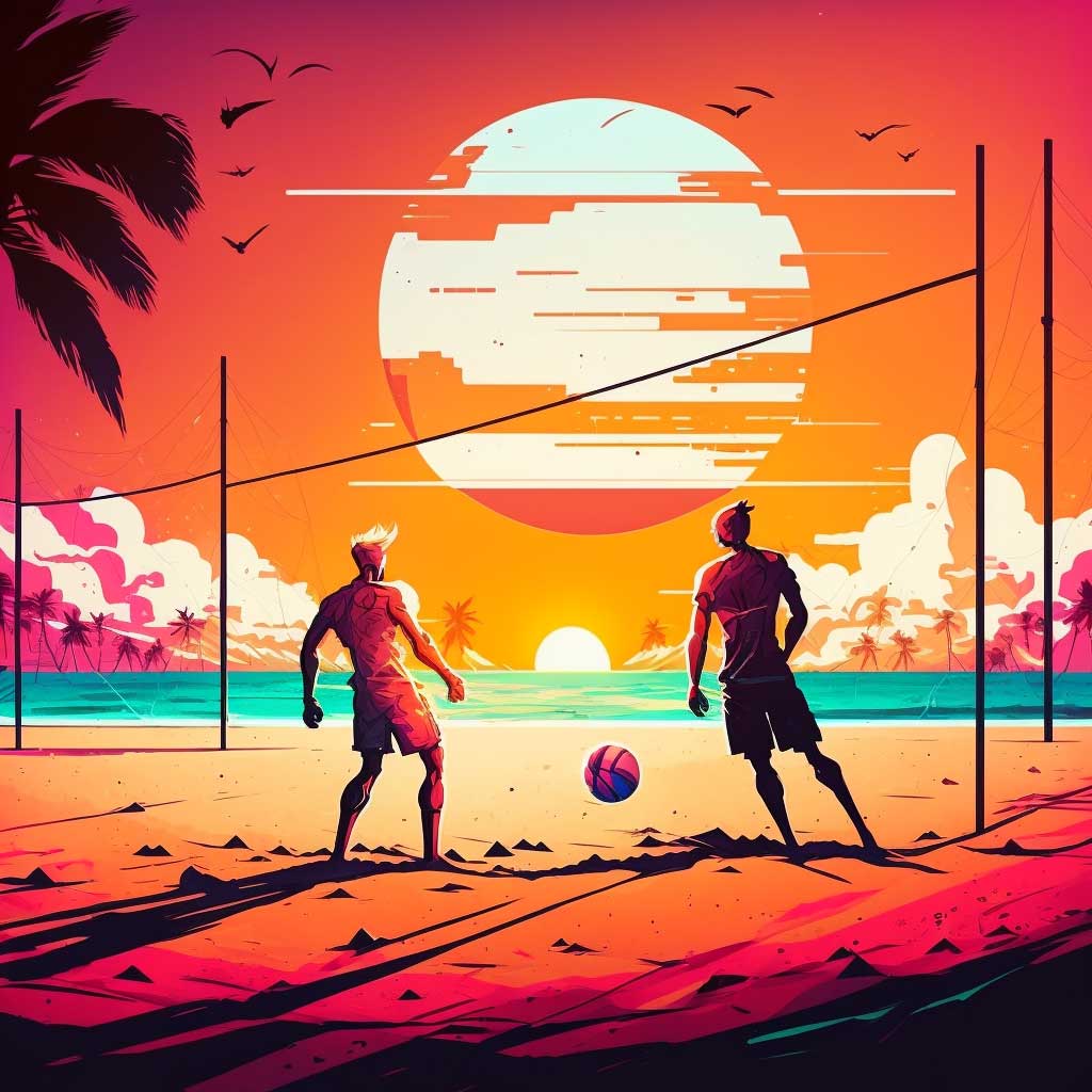 illustration of 2 men playing volleyball on a sunny beach